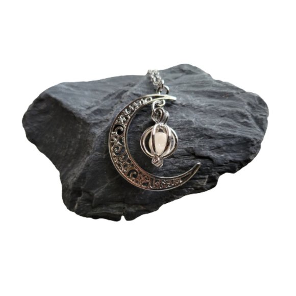 Crescent Moon with Luminous Caged Light Green Glowing Orb Pendant Silver Chain - Picture 9 of 12